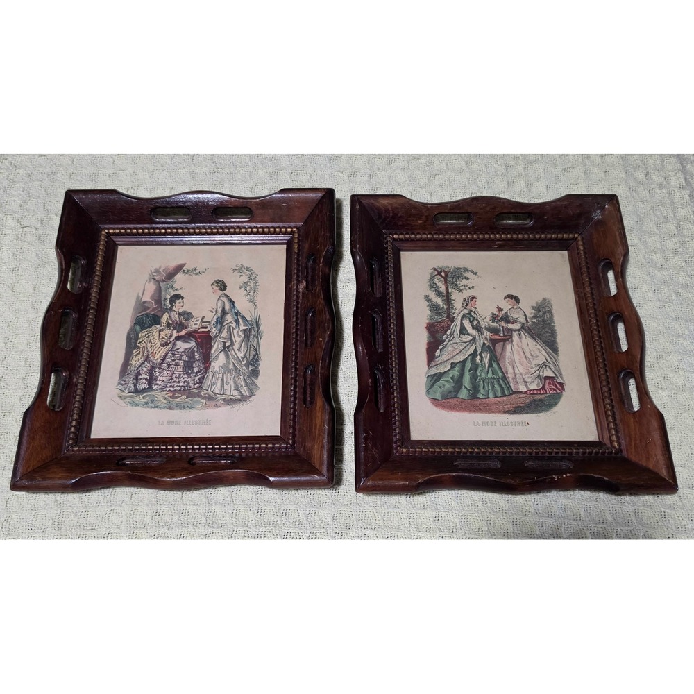 Vintage La Mode Illustree Fashion Prints Pair Ornate Wood Cutout Frames Set of 2